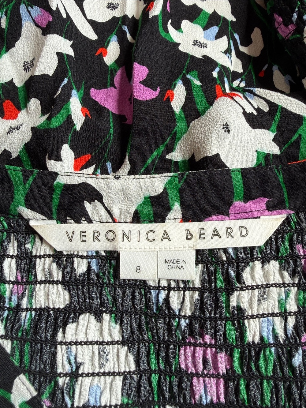 Veronica Beard Black Button-Front Floral Blouse with White & Purple Flowers